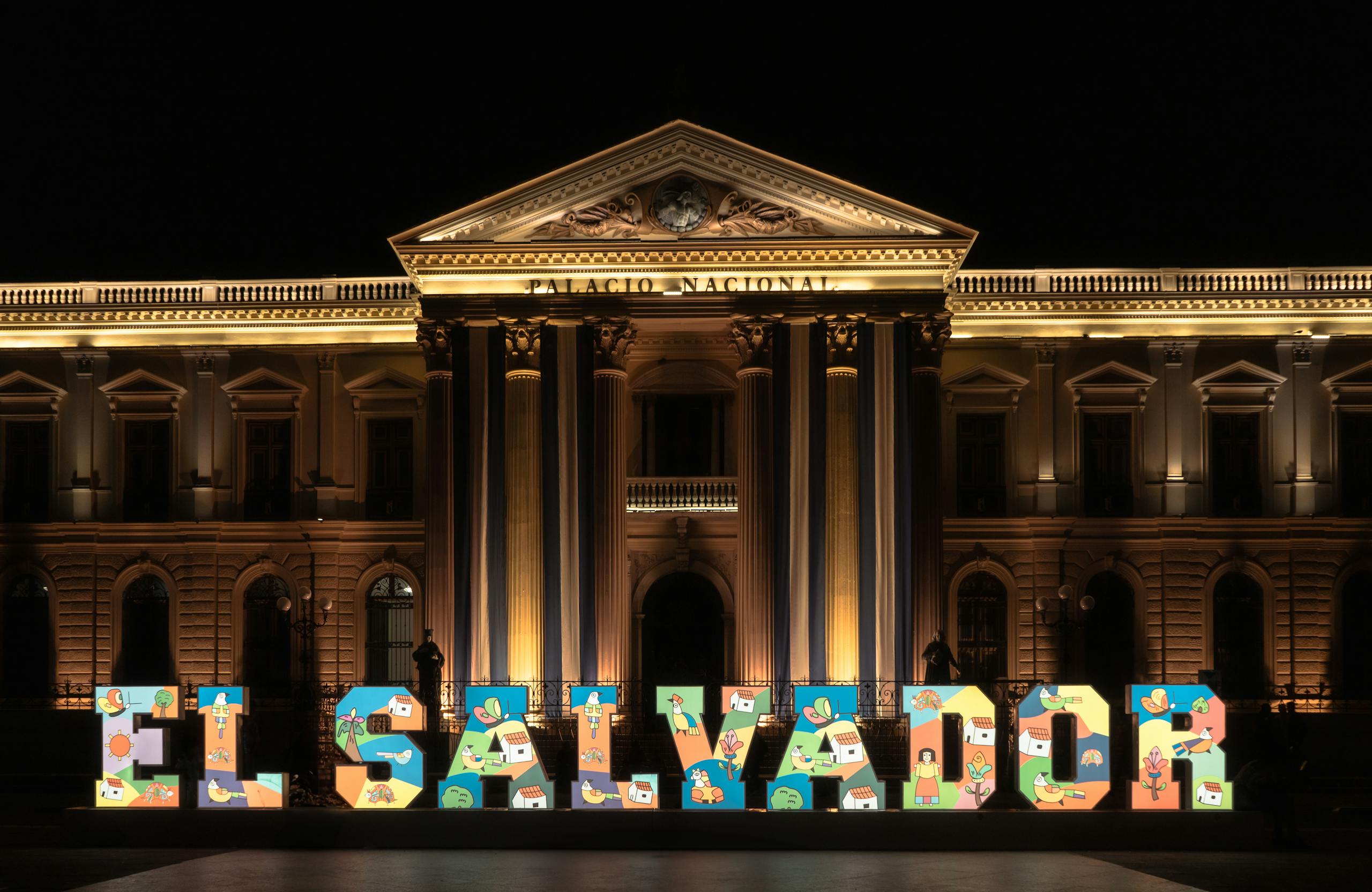 Illuminated Facade of the National Palace of El Salvador in San Salvador